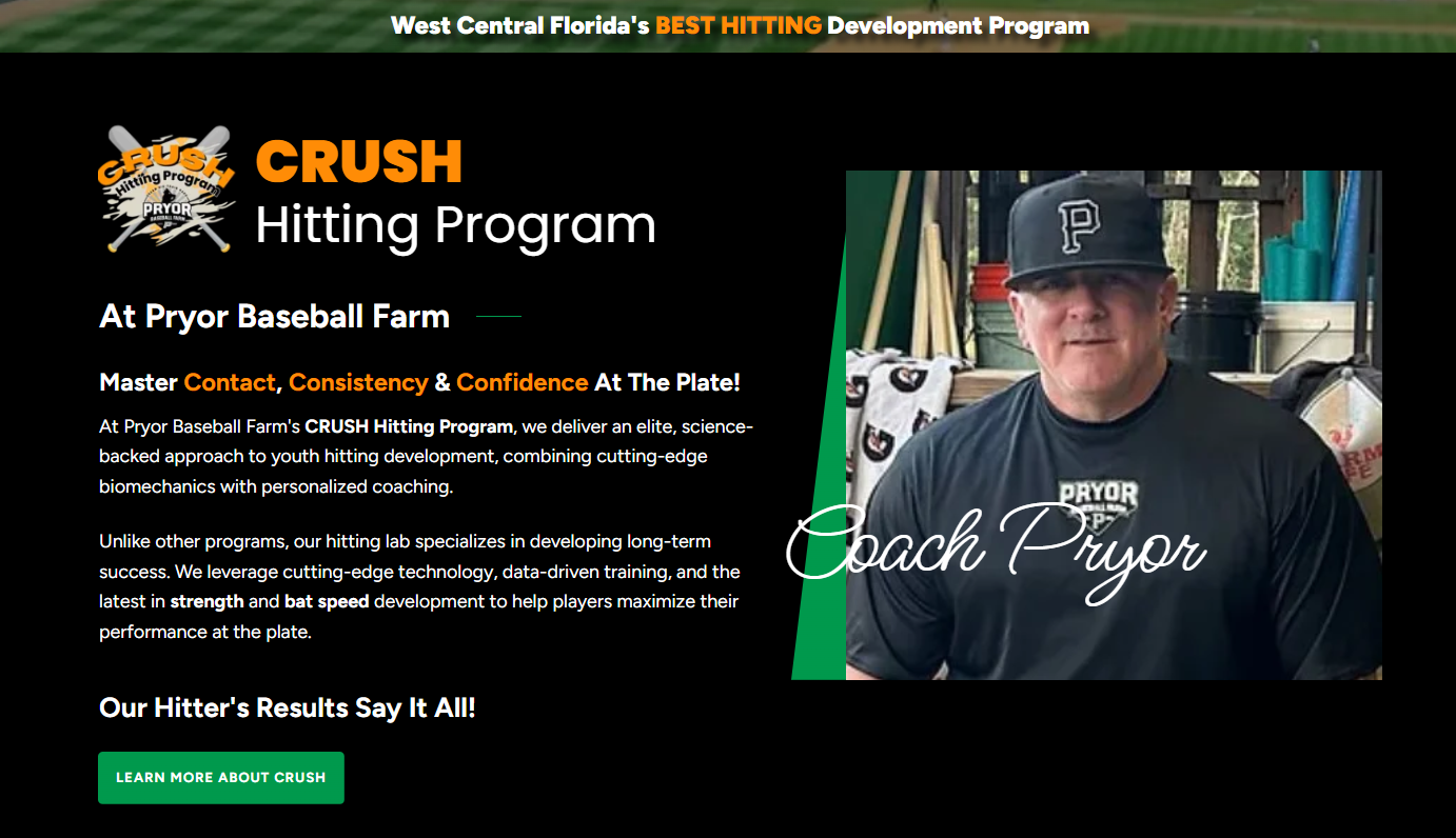 CRUSH Hitting Lessons Wesley Chapel Florida at Pryor Baseball Farm