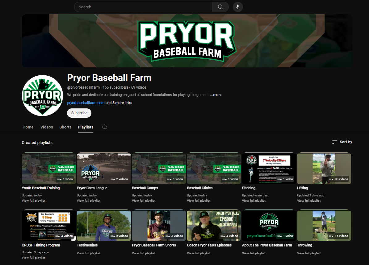 Pryor Baseball Farm YouTube Channel @PryorBaseBallFarm Baseball Training Videos