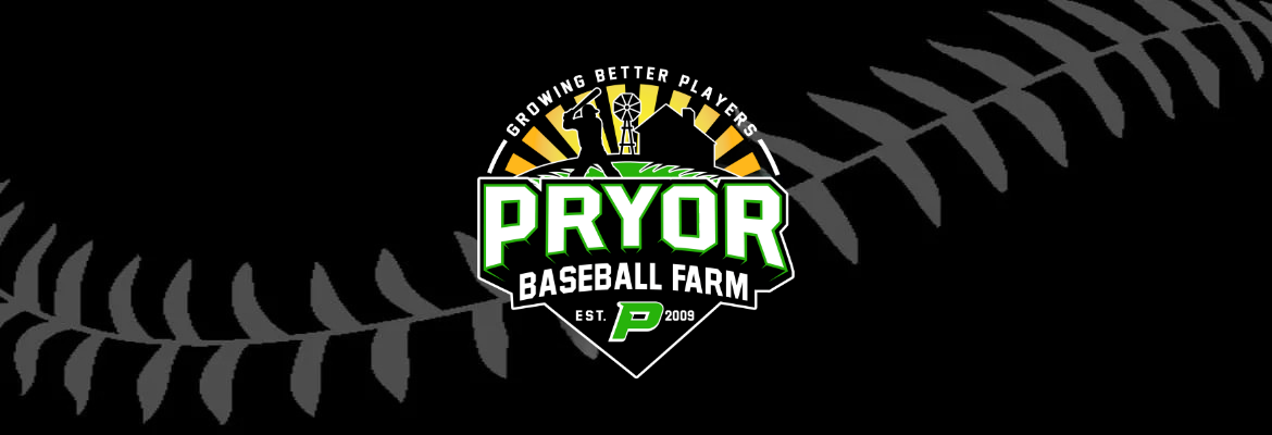 Pryor Baseball Farm – Growing Better Players Since 2009 Pryor Baseball Farm logo on a black background with baseball stitching design, representing youth baseball training and player development