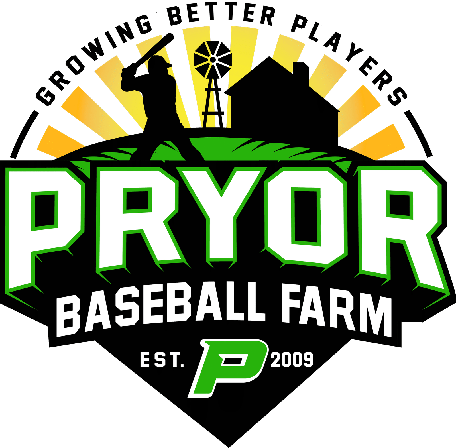 Pryor Baseball Farm black logo with batter silhouette, sunrise, windmill, and farmhouse — symbolizing youth baseball development and training in Wesley Chapel, Florida.