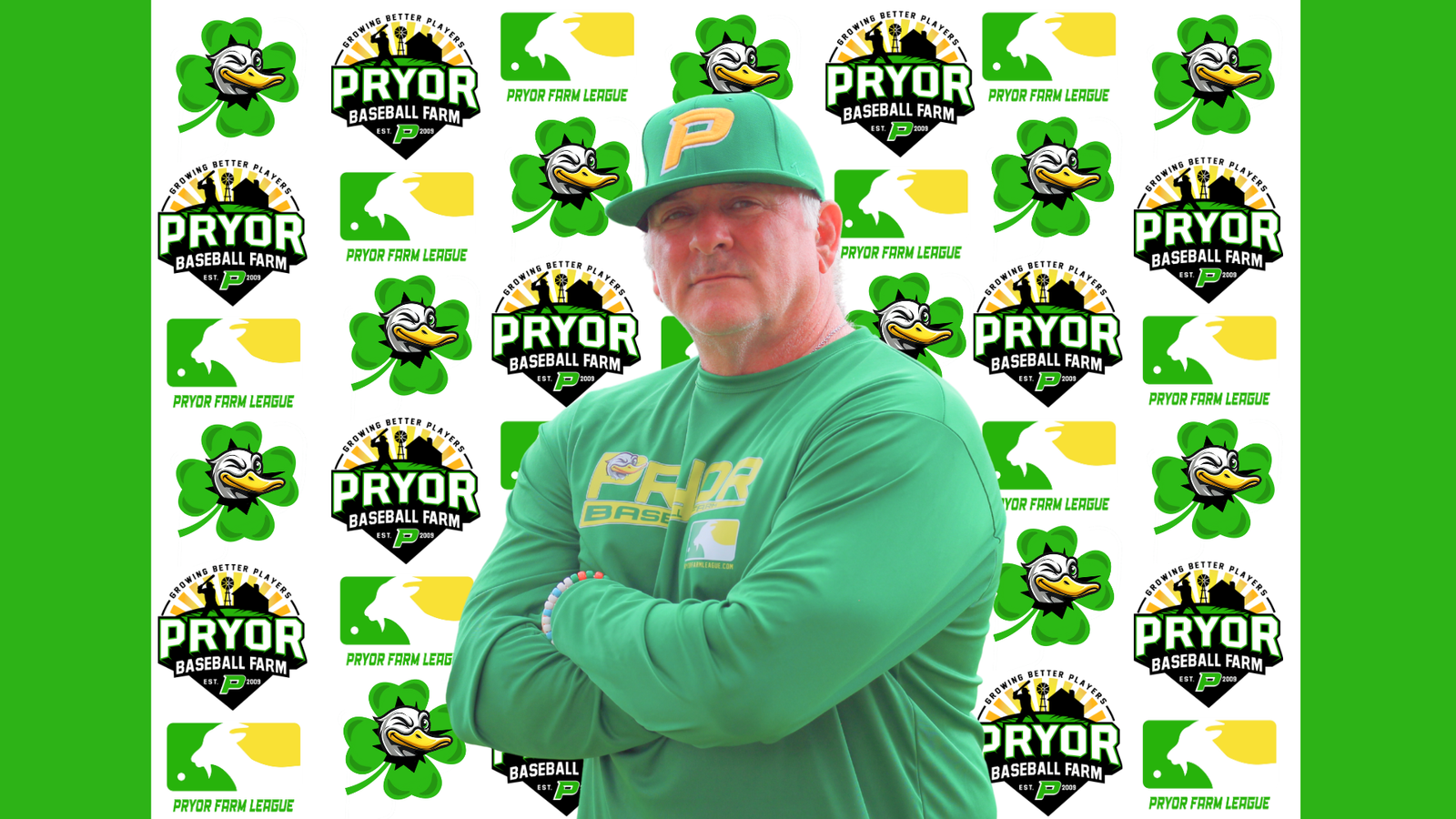 Copy of Coach w Background Coach Ryan Pryor, founder of Pryor Baseball Farm, standing confidently in front of the Farm League backdrop promoting youth baseball development.