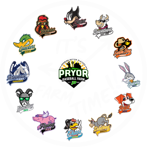 IT’S It’s Farm Time graphic featuring Pryor Baseball Farm logo surrounded by team mascots including Quackers, Rockslide, Flying Pigs, Farm Boys, Roadrunners, and others — representing Pryor Baseball Farm youth teams in Florida.