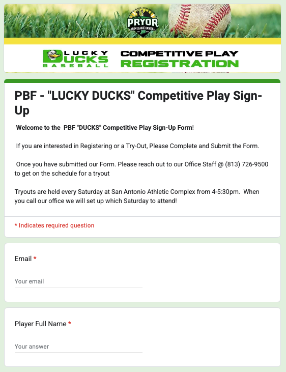 “Lucky Ducks Spring Baseball Tryouts flyer featuring youth players in green and yellow uniforms promoting open 9U–12U tryouts every Saturday in San Antonio, Florida.”