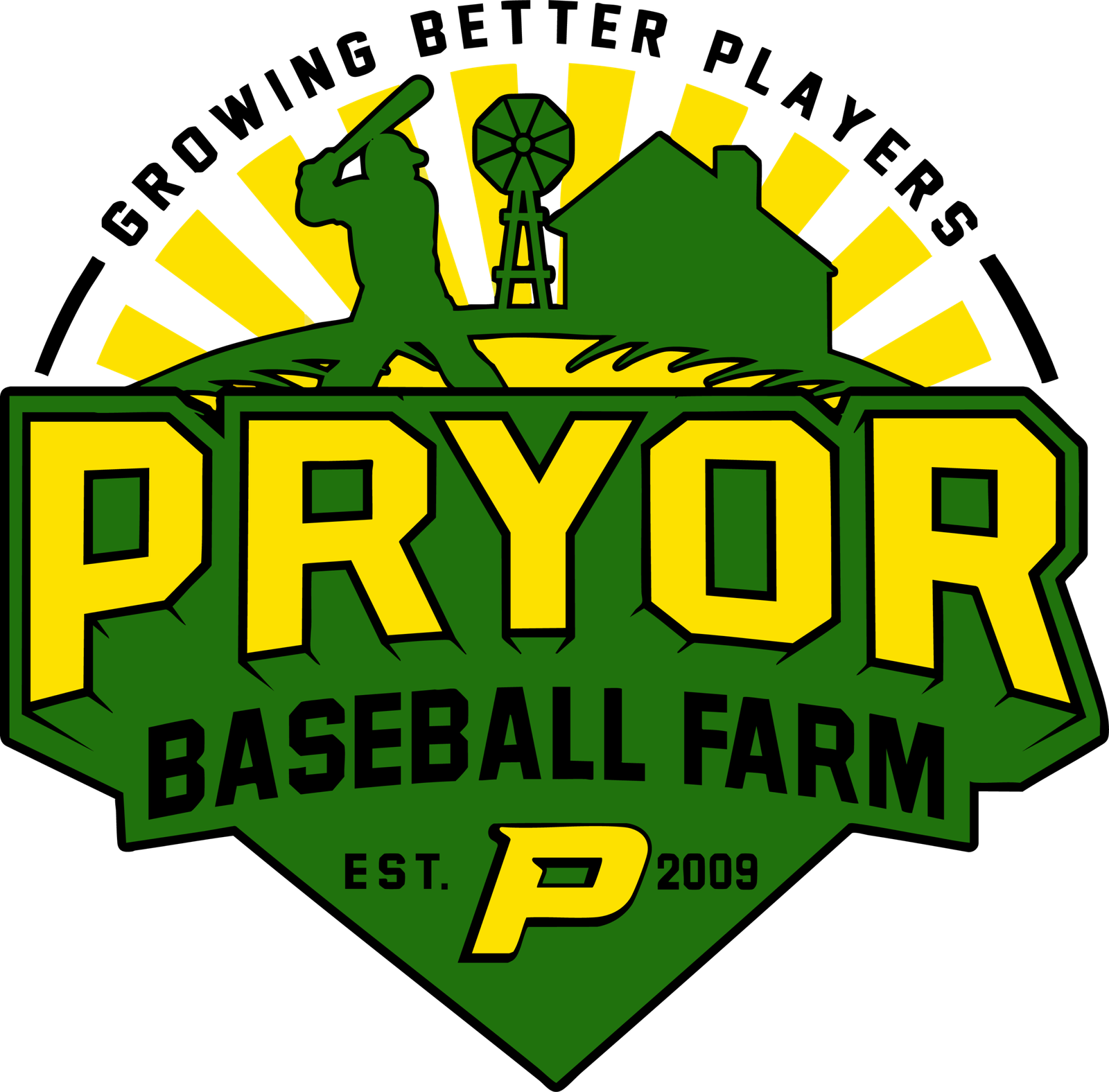 Pryor Baseball Farm black logo featuring a silhouette of a batter, farmhouse, and windmill at sunrise — representing youth baseball training, development, and growth in Wesley Chapel, Florida.