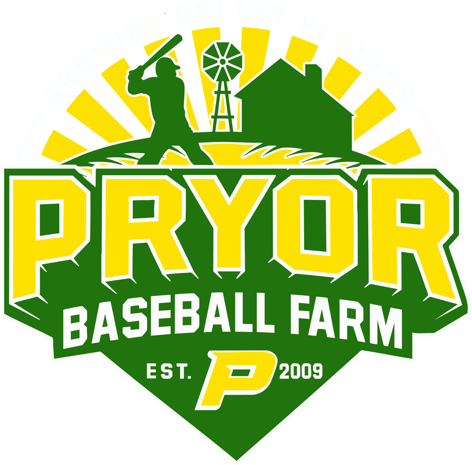 Pryor Baseball Farm white logo featuring a silhouette of a batter, farmhouse, and windmill at sunrise — representing youth baseball training, development, and growth in Wesley Chapel, Florida.