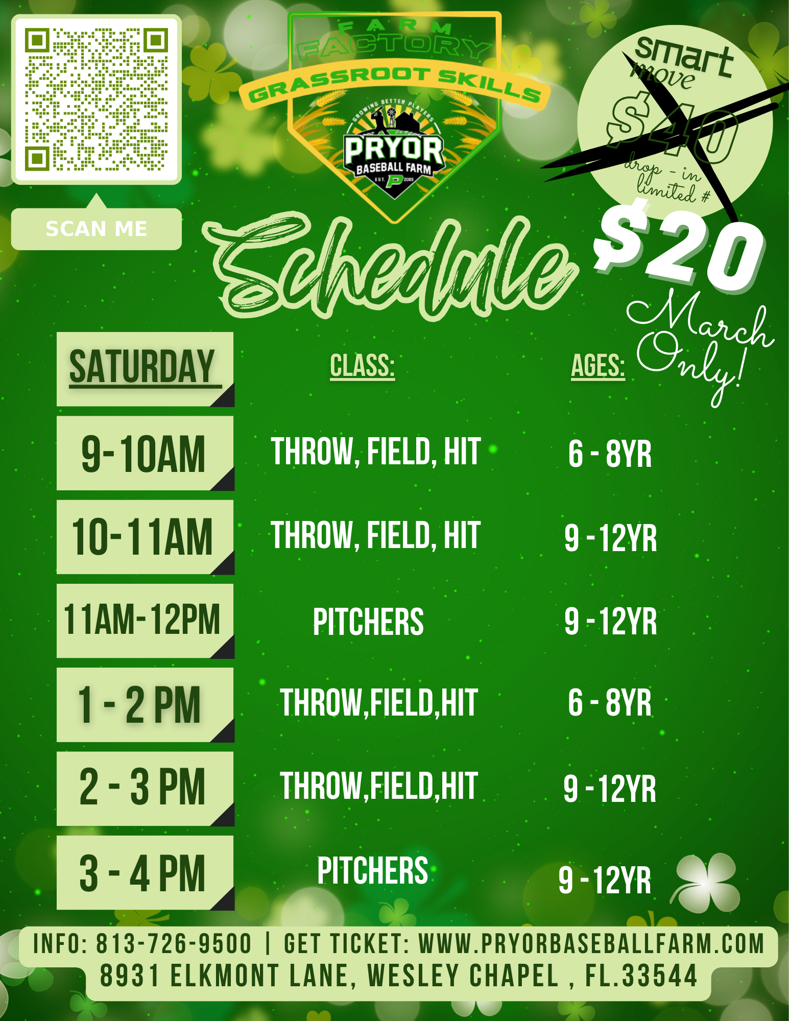 FFstpats Farm Factory Grassroot Skills baseball training schedule at Pryor Baseball Farm with Saturday and Tuesday classes for throwing, fielding, hitting, and pitching for ages 6–12 in Wesley Chapel, Florida.
