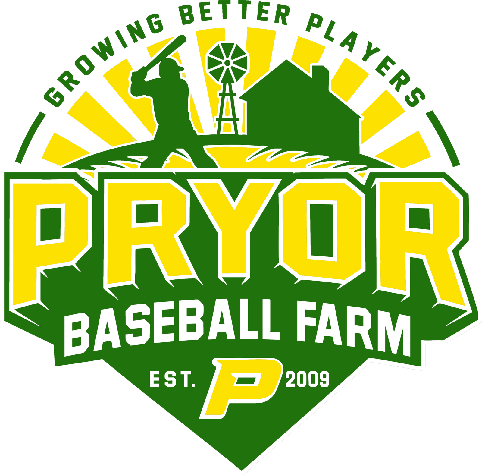 GYgreenwriting Pryor Baseball Farm black logo featuring a silhouette of a batter, farmhouse, and windmill at sunrise — representing youth baseball training, development, and growth in Wesley Chapel, Florida.