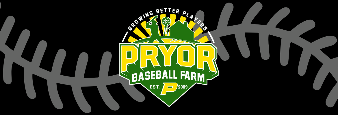 Pryor Baseball Farm logo on a black background with baseball stitching design, representing youth baseball training and player development