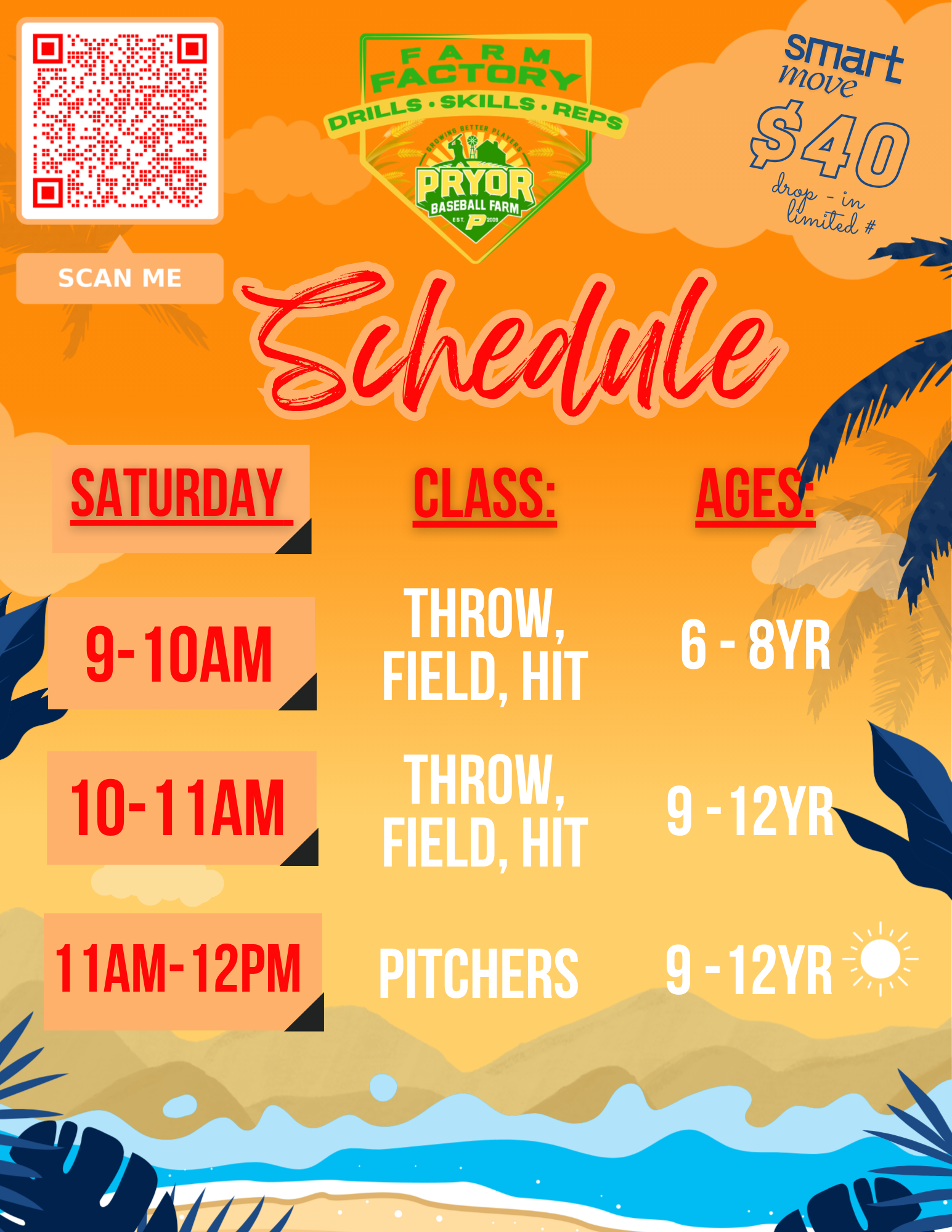 Farm Factory Grassroot Skills baseball training schedule at Pryor Baseball Farm with Saturday and Tuesday classes for throwing, fielding, hitting, and pitching for ages 6–12 in Wesley Chapel, Florida.